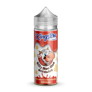 A bottle of Kingston brand e-liquid with a label featuring a cartoon cow and the flavor 'Strawberry Cheesecake'.